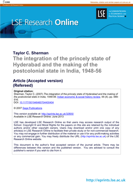 The Integration of the Princely State of Hyderabad and the Making of the Postcolonial State in India, 1948-56