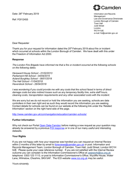 26Th February 2019 Information and Records Management Ref: FOI12455 Law and Governance Directorate London Borough of Camden Town Hall Judd Street London