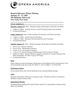 Board of Directors Winter Meeting January 25 – 27, 2007 the Helmsley Park Lane New York, New York