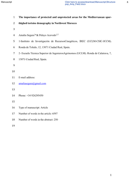 1 the Importance of Protected and Unprotected Areas for the Mediterranean Spur- 1 Thighed Tortoise Demography in Northwest Moroc
