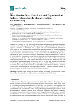 Bitter Gentian Teas: Nutritional and Phytochemical Proﬁles, Polysaccharide Characterisation and Bioactivity