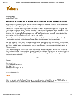 Tender for Stabilization of Ross River Suspension Bridge Work to Be Issued News Release #14-202