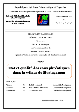 Etat Et Qualité Des Eaux Phréatiques Dans La Wilaya De Mostaganem