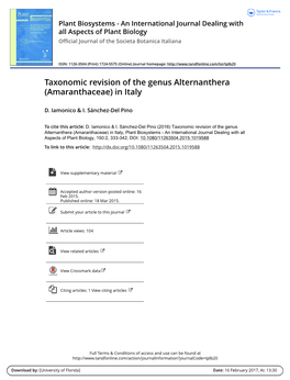 Taxonomic Revision of the Genus Alternanthera (Amaranthaceae) in Italy