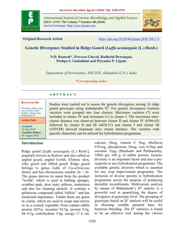 Genetic Divergence Studied in Ridge Gourd (Luffa Acutangula (L.) Roxb.)