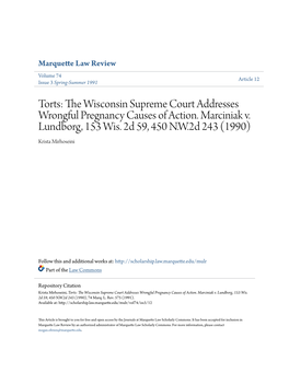 Torts: the Wisconsin Supreme Court Addresses Wrongful Pregnancy Causes of Action