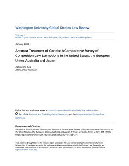 Antitrust Treatment of Cartels: a Comparative Survey of Competition Law Exemptions in the United States, the European Union, Australia and Japan