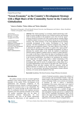 Green Economy” As the Country’S Development Strategy with a High Share of the Commodity Sector in the Context of Globalization