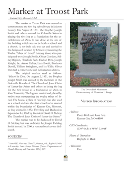 Marker at Troost Park Kansas City, Missouri, USA the Marker at Troost Park Was Erected to Commemorate the ﬁ Rst Log Schoolhouse in Jackson County