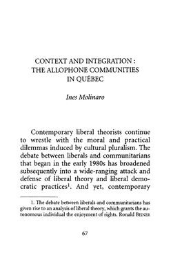 THE ALLOPHONE COMMUNITIES in QUÉBEC Inès Molinaro