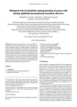 Biological Role of Metabolic Reprogramming of Cancer Cells During Epithelial‑Mesenchymal Transition (Review)