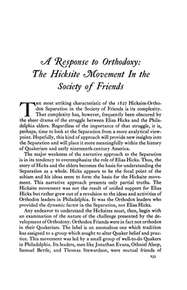 Cl/F Cf(Esponse to Orthodoxy: the Hicksite ^Movement in the Society of Friends