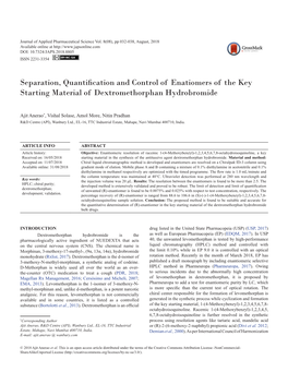 Separation, Quantification and Control of Enatiomers of the Key Starting Material of Dextromethorphan Hydrobromide