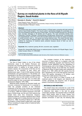 Survey on Medicinal Plants in the Flora of Al Riyadh Region, Saudi Arabia