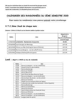 Calendrier Des Randonnées Du 2Ème Semestre 2020