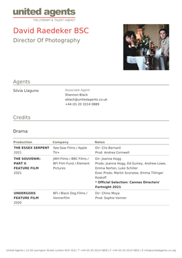 David Raedeker BSC Director of Photography