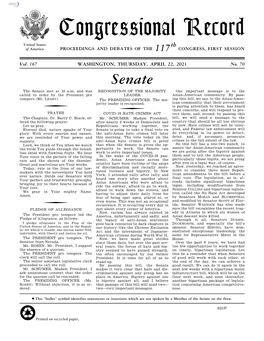 Congressional Record United States Th of America PROCEEDINGS and DEBATES of the 117 CONGRESS, FIRST SESSION