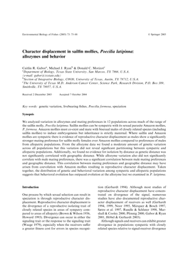 Character Displacement in Sailfin Mollies, Poecilia