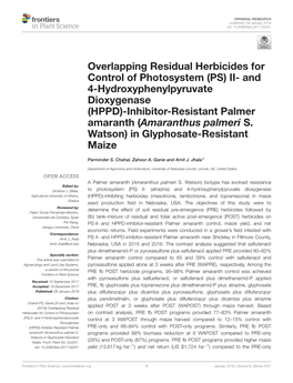 (HPPD) Inhibitor-Resistant Palmer Amaranth in Glyphosate-Resistant Maize in ﬁeld Experiments Conducted in 2015 and 2016 in Nebraska, Usaa