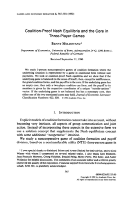 Coalition-Proof Nash Equilibria and the Core in Three-Player Games