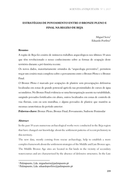 ESTRATÉGIAS DE POVOAMENTO ENTRE O BRONZE PLENO E FINAL NA REGIÃO DE BEJA Miguel Serra1 Eduardo Porfírio2 Resumo a Região De