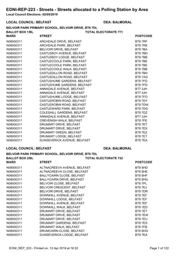 EONI-REP-223 - Streets - Streets Allocated to a Polling Station by Area Local Council Elections: 02/05/2019