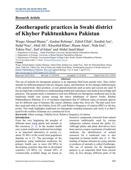 Zootheraputic Practices in Swabi District of Khyber Pakhtunkhawa Pakistan
