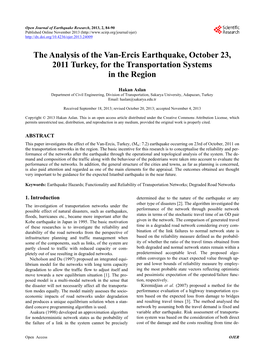 The Analysis of the Van-Ercis Earthquake, October 23, 2011 Turkey, for the Transportation Systems in the Region