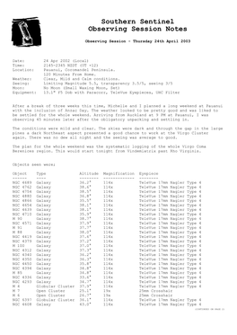 Southern Sentinel Observing Session Notes