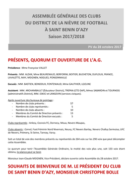 ASSEMBLÉE GÉNÉRALE DES CLUBS DU DISTRICT DE LA NIÈVRE DE FOOTBALL À SAINT BENIN D’AZY Saison 2017/2018