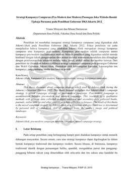 Strategi Kampanye Campuran (Pra-Modern Dan Modern) Pasangan Joko Widodo-Basuki Tjahaja Purnama Pada Pemilihan Gubernur DKI Jakarta 2012