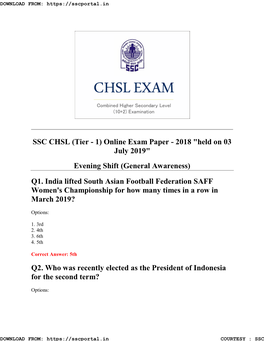 SSC CHSL (Tier - 1) Online Exam Paper - 2018 