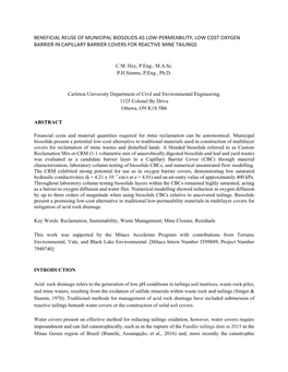 Beneficial Reuse of Municipal Biosolids As Low-Permeability, Low Cost Oxygen Barrier in Capillary Barrier Covers for Reactive Mine Tailings