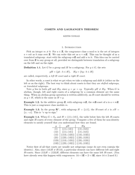 COSETS and LAGRANGE's THEOREM 1. Introduction Pick An