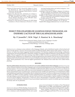 Insect Pollinators of Jasminocereus Thouarsii, an Endemic Cactus of the Galapagos Islands