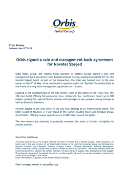 Orbis Signed a Sale and Management Back Agreement for Novotel Szeged