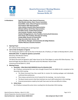 Board of Governors' Meeting Minutes March 3-5, 2014 Norman Wells, NT