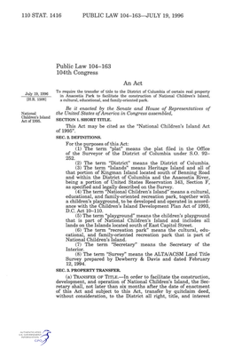 Public Law 104-163 104Th Congress an Act II 1Q 1 Qqfi '^^ Require the Transfer of Title to the District of Columbia of Certain Real Property I-—'