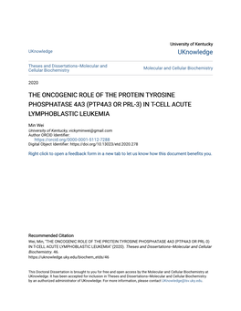 The Oncogenic Role of the Protein Tyrosine Phosphatase 4A3 (Ptp4a3 Or Prl-3) in T-Cell Acute Lymphoblastic Leukemia