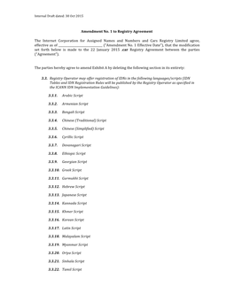 Amendment No. 1 to Registry Agreement the Internet Corporation for Assigned Names and Numbers and Cars Registry Limi