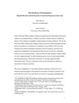 The Paradoxes of Paramountcy: Regional Rivalries and the Dynamics of American Hegemony in East Asia1