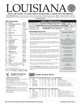 GAME 21 | Middle Tennessee Date Opponent Time (CT) N 6 Louisiana College (Exhibition) W, 95-81 Louisiana’S Ragin’ Cajuns (9-11, 5-4) N 14 North Alabama W, 79-67 Vs