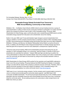 Renewable Energy Debate Excluded from Tomorrow's MGE Annual