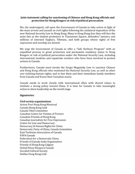 Joint Statement Calling for Sanctioning of Chinese and Hong Kong Officials and Protection for Hong Kongers at Risk of Political Persecution