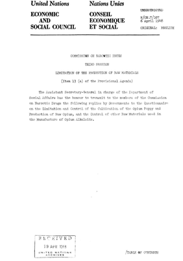 United Nations Nations Vnies UNRESTRIC1'ed ECONOMIC CONS Ell E/CN .7/ 107 and ECONOMIQUE 6 April 19 1~8 SOCIAL COUNCIL ET SOCIAL ORIGINAL: ENGLISH