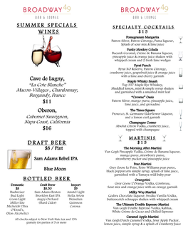 SUMMER SPECIALS WINES Cave De Lugny, $11 Oberon, $16 DRAFT