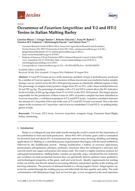 Occurrence of Fusarium Langsethiae and T-2 and HT-2 Toxins in Italian Malting Barley