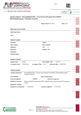 Non-Invasive Prenatal Test (NIPT)+ Microdeletion Panel + Trisomies 9 and 16