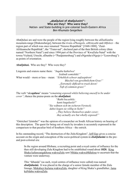 Abaqulusi of Ebaqulusini“: Who Are They? Who Were They? Nation- and State-Building in Pre-Colonial South-Eastern Africa Ben Khumalo-Seegelken