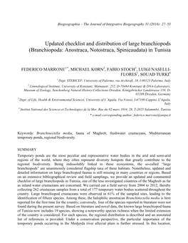 Updated Checklist and Distribution of Large Branchiopods (Branchiopoda: Anostraca, Notostraca, Spinicaudata) in Tunisia